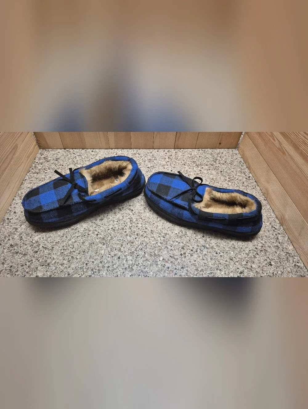 ​Norty Youth Boys Slipper Moccasins Sz 4 Blue Black Buffalo Plaid Faux Fur Lined